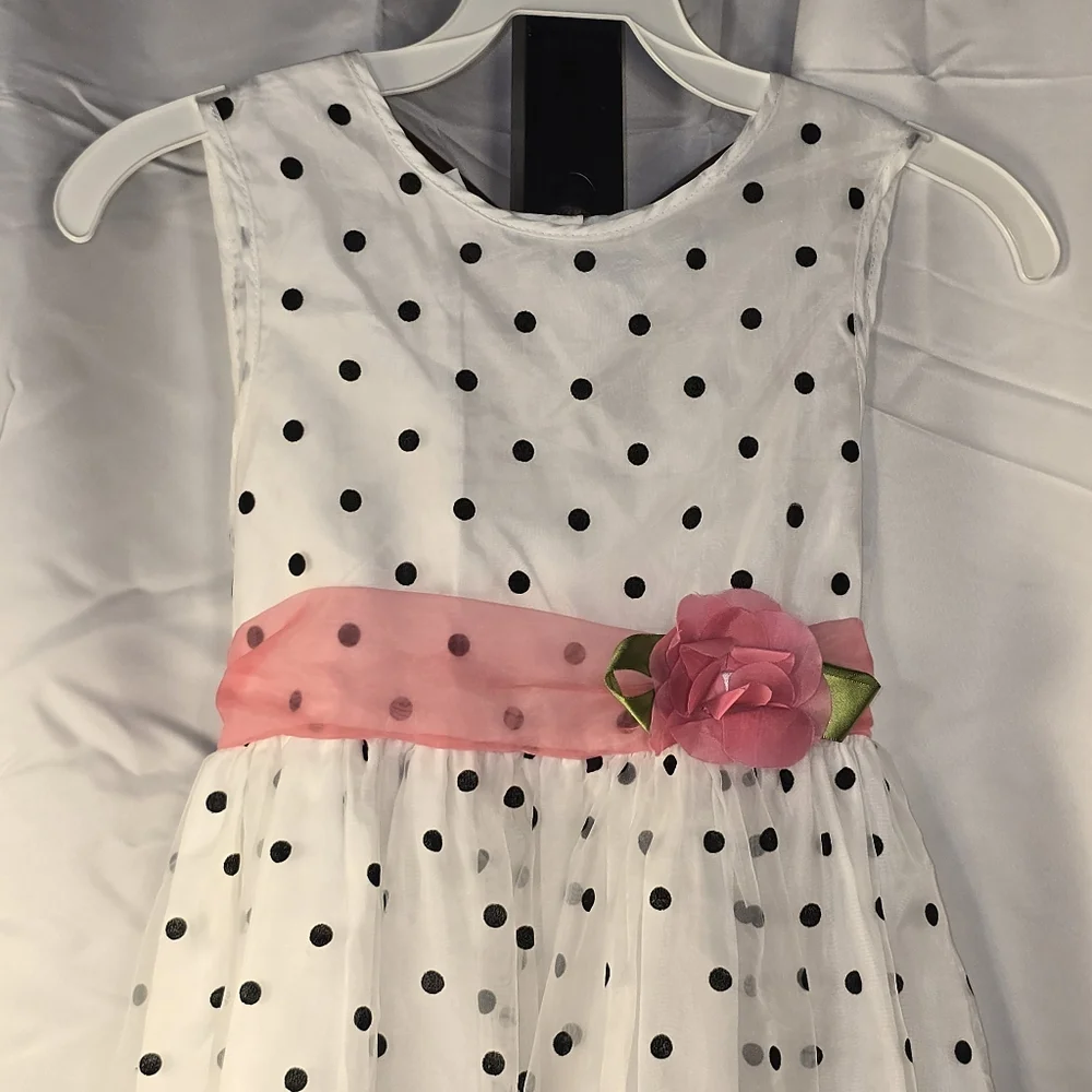 Cute White Polka Dot Kids‎ Spring Or Easter Dress with Pink Sash